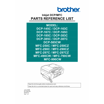 Brother Inkjet-MFC 250 290 297 490 790 990 C-CZ-CW DCP 145 163 167 165 185 383 385 387 585 C-CW-CZ Parts Reference