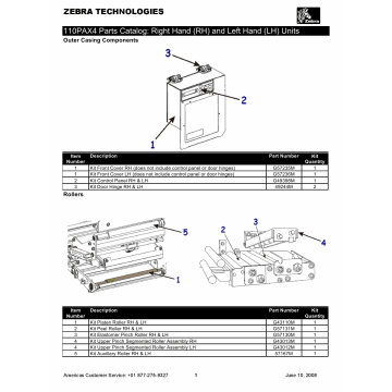 Zebra Label 110PAX4 Parts Catalog