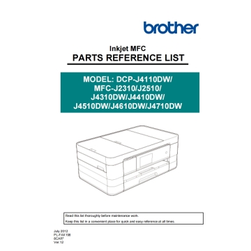 Brother Inkjet-MFC J2310DW J4310DW J4410DW J4510DW J4610DW J4710DW Inkjet-DCP J4110DW Part List Manual