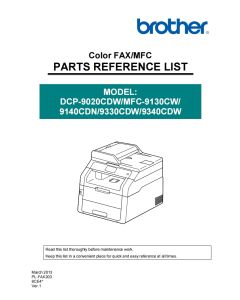 Brother Inkjet-MFC 9130CW 9140DN 9330CDW 9340CDW Inkjet-DCP 9020CDN 9020CDW Parts List Manual