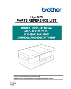 Brother Inkjet-MFC J2310DW J4310DW J4410DW J4510DW J4610DW J4710DW Inkjet-DCP J4110DW Part List Manual