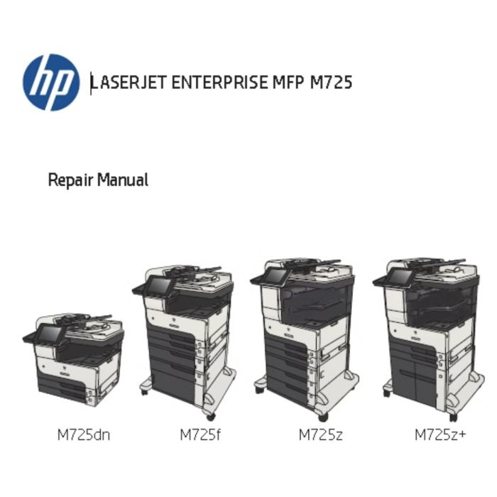 HP LaserJet Enterprise M725 M725dn M725f M725z M725z M725z+ Repair Manual and Troubleshooting Manual.