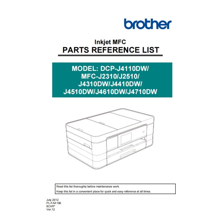 Brother Inkjet-MFC J2310DW J4310DW J4410DW J4510DW J4610DW J4710DW Inkjet-DCP J4110DW Part List Manual