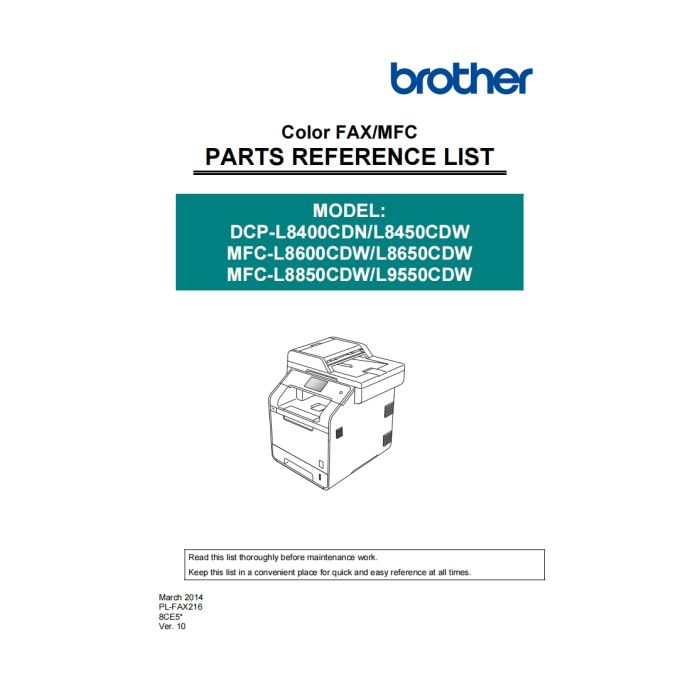 Brother Color-Laser-MFC L8400CDN L8450CDW L8600CDW L8850CDW L9550CDW Parts List